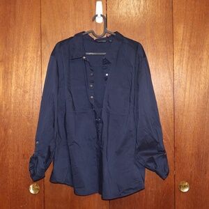 New York & Company 7th Avenue Navy Blouse w/ Roll Tab Sleeves